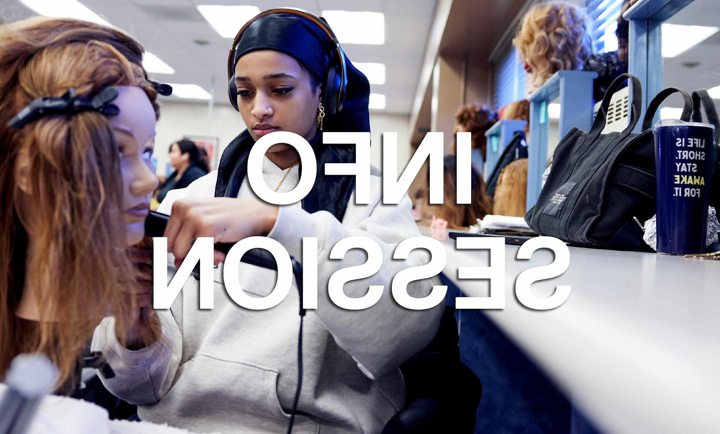 Cosmetology Student working on mannequin head | TEXT: Info Session