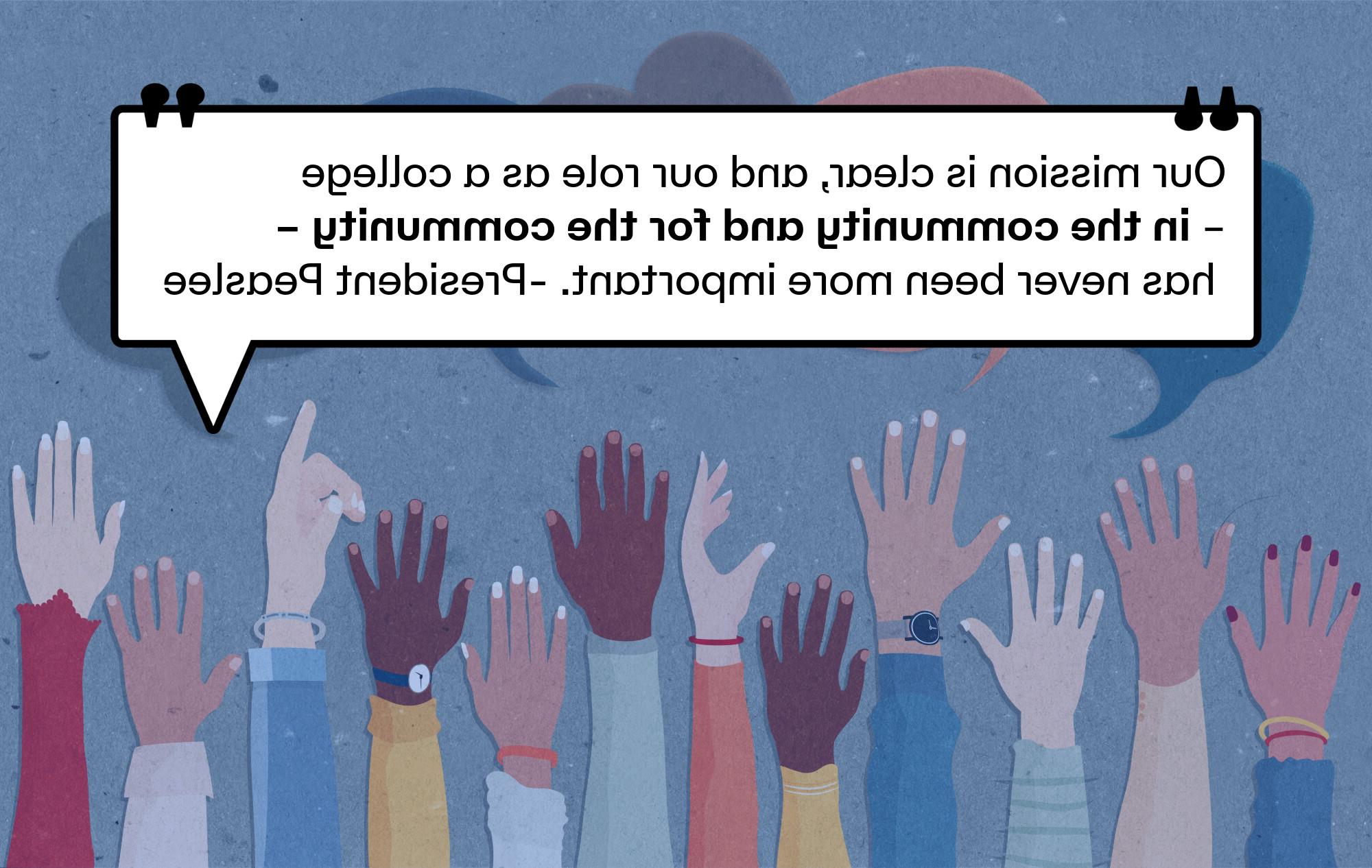 Quote from President Peaslee that reads Our mission is clear, and our role as a college – in the community and for the community – has never been more important.​ -President Peaslee